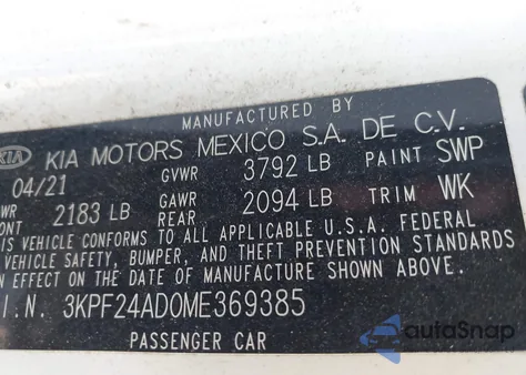 2021 Kia Forte Fe/Lxs z USA, uszkodzony, nr VIN 3KPF24AD0ME369385